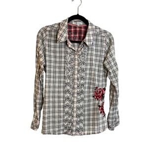 3J Workshop Johnny Was Embroidered Rose‎ Shirt Size S Black Plaid Boho Western